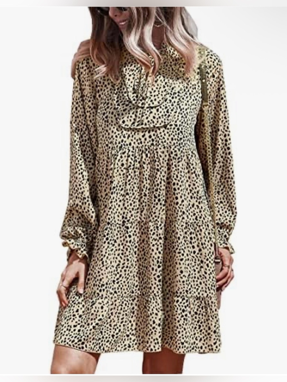 Miss Sparkling Leopard Print Ruffle Tie Neck Tiered Mini Dress Small